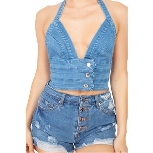 Denim Halter Crop Top Light Blue